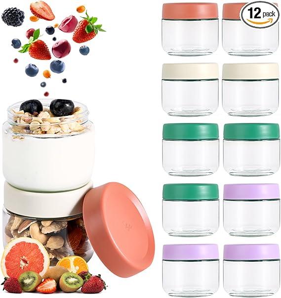 Hoa Kinh 9oz 12Pack Overnight Oats Jars with Lids, Leak Proof Small Jars for Overnight Oats, Cereal, Clear Empty Glass Jar with Lids for Kitchen(Red, Green, Purple and White)