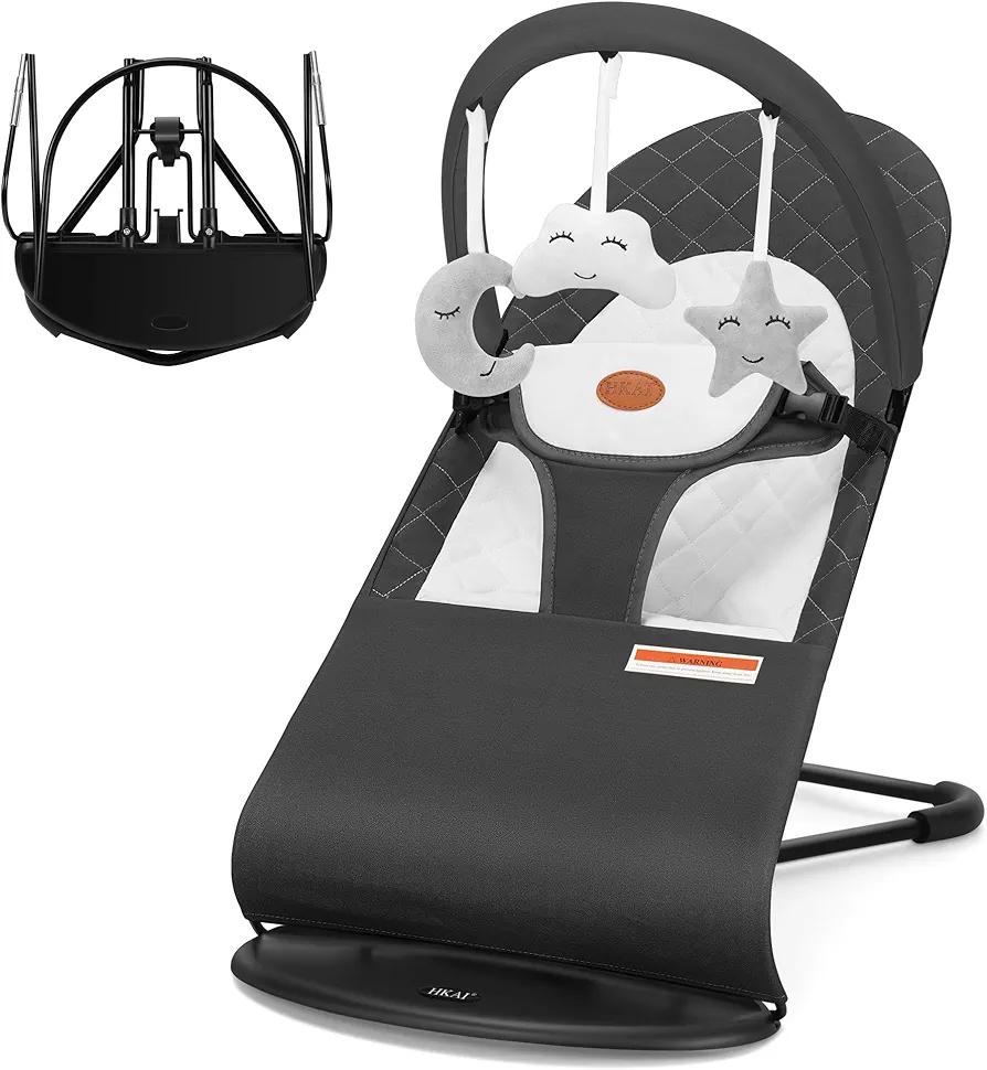 HKAI Baby Bouncer, Portable Baby Bouncer Seat for Babies 0-18 Months, 100% Cotton Fabrics, 3 Modes of use with Rocker and Stationary Options, Infant Rocker Chair with Hanging Toys-Dark Grey