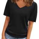 LILLUSORY Womens Short Sleeve Sweaters V Neck Tops Business Casual Lightweight Knit Comfy Blouses Summer Fashion Outfits 2025 Black L