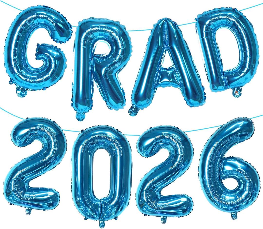 2 x KALOR Blue GRAD 2026 Banner Balloons, 16 Inch Mylar Foil letter Graduation Balloons 2026 Sign for Graduation Party Decorations, 8 Count