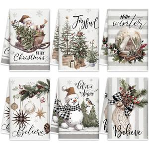 6 Pcs Christmas Kitchen Towels Winter Dish Towel 21 x 14 Inch Decorative Neutral Bathroom Hand Towel Absorbent Holiday Tea Towel Gray White Christmas Decor for Kitchen Farmhouse Gift