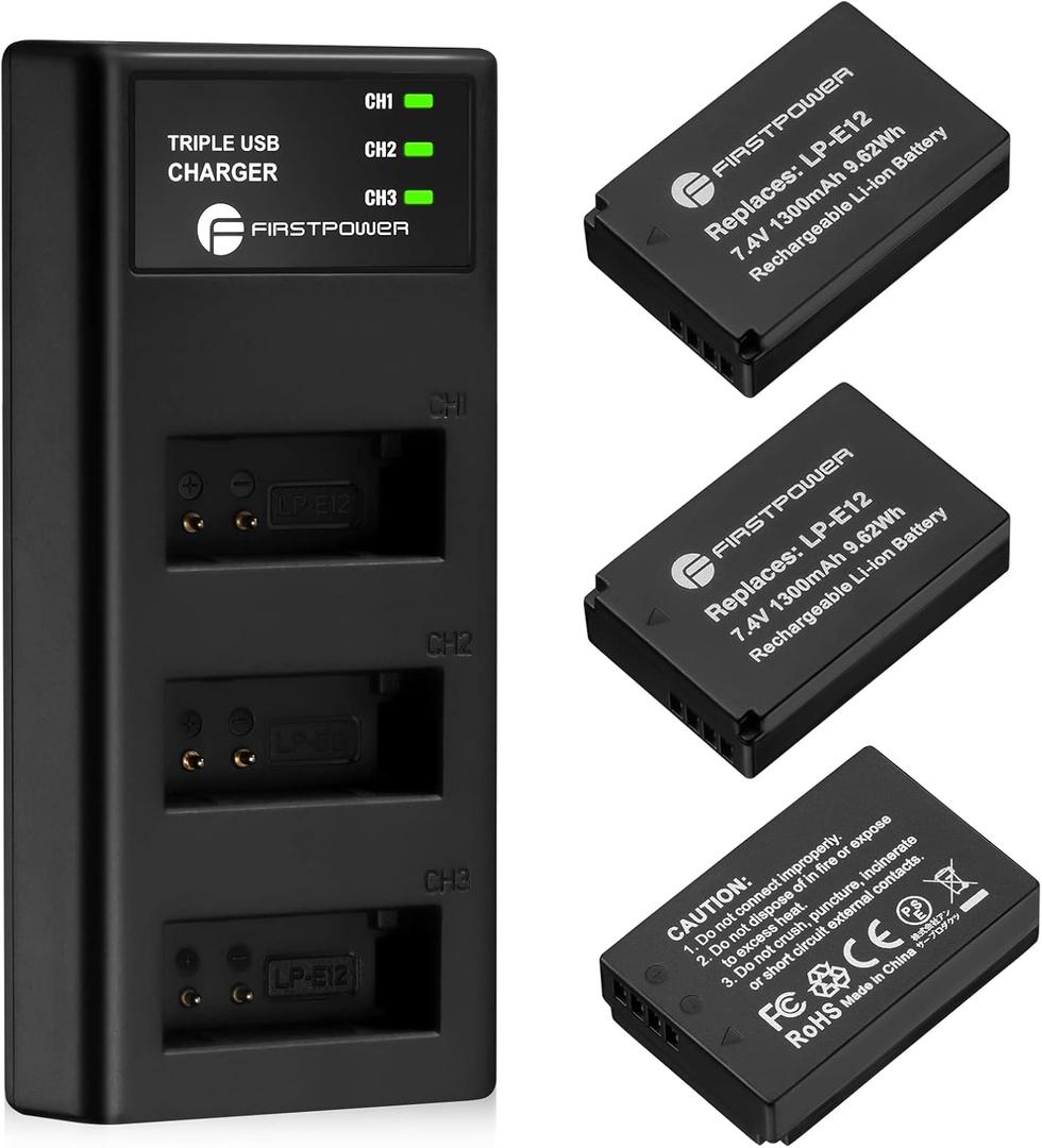 FirstPower LP-E12 Battery 3-Pack and Triple Slot Charger for Canon EOS M50, M50 Mark II, M, M2, M10, M100, M200, Rebel SL1, PowerShot SX70 HS Digital Cameras