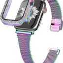 Joyozy Slim Stainless Steel Band Compatible with Apple Watch 38mm 40mm 41mm 42mm 44mm 45mm 46mm Milanese Strap with Bling Glitter Case Built-in Screen Protector Dressy Bracelet Band for Women(Rainbow 44mm)