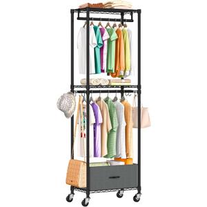 Clothes Rack with Drawers, Freestanding Rolling Garment Rack for Hanging Clothes, Closet Organizer Adjustable Metal Wire Shelving Wardrobe with Rods Portable Closet Shelf with Wheels, Black (Small)