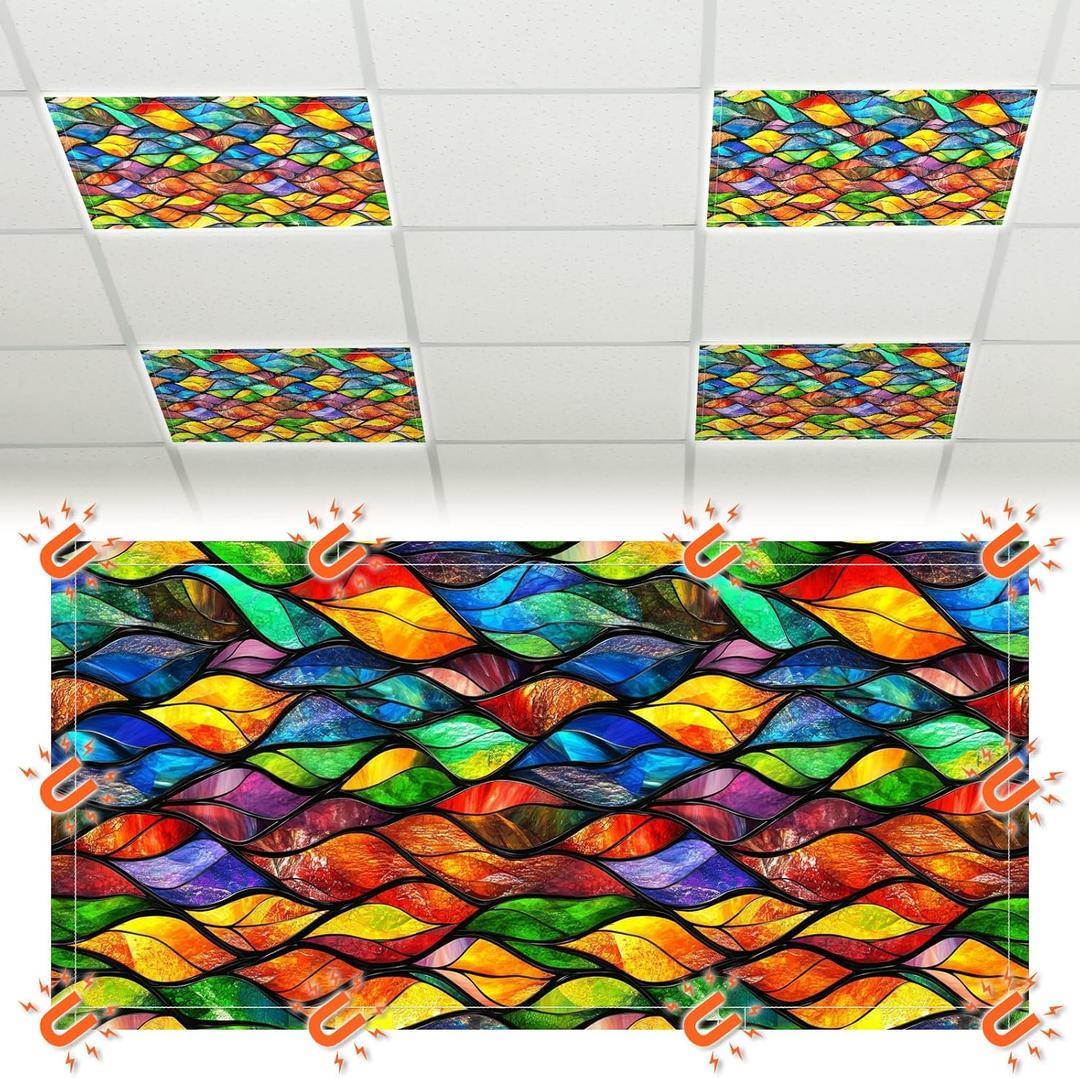 4 Pcs Stained Glass Light Covers 4 x 2 ft Magnetic Office Light Cover for Ceiling with 10 Magnets Filter Reduce Glare for Classroom School Home