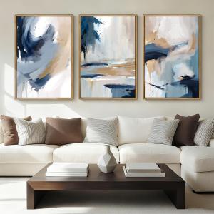 Large Blue Abstract Wall Art Framed Modern Artwork Neutral Wall Decor for Living Room Bedroom Office 16x24 Inch Set of 3