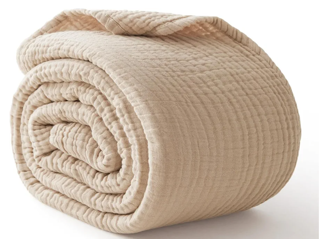 100% Cotton Blanket Large 50"x 70", 6 Layers Muslin Blankets, Cooling and Soft Throw Blanket for Bed and Couch, Breathable Quilt Bedspread, Gauze Bedding for Adults, Oatmeal, Beige Linen