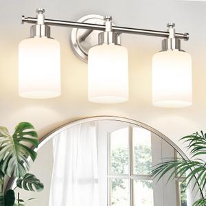 3-Light Bathroom Vanity Light Fixture, Brushed Nickel Compact Vanity Light with White Frosted Glass Shades for Mirror, Bathroom, Living Room, Modern Style, E26 Base, 16 Inch