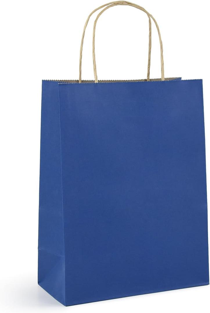 Klean & Conwenice Paper Gift Bags with Handles, 8x4.25x10.5 100Pcs Blue Bags Bulk, Medium Size Kraft Paper Bags, Wedding Gift Bag, Goody Party Favor, Retail Merchandise, Grocery Shopping