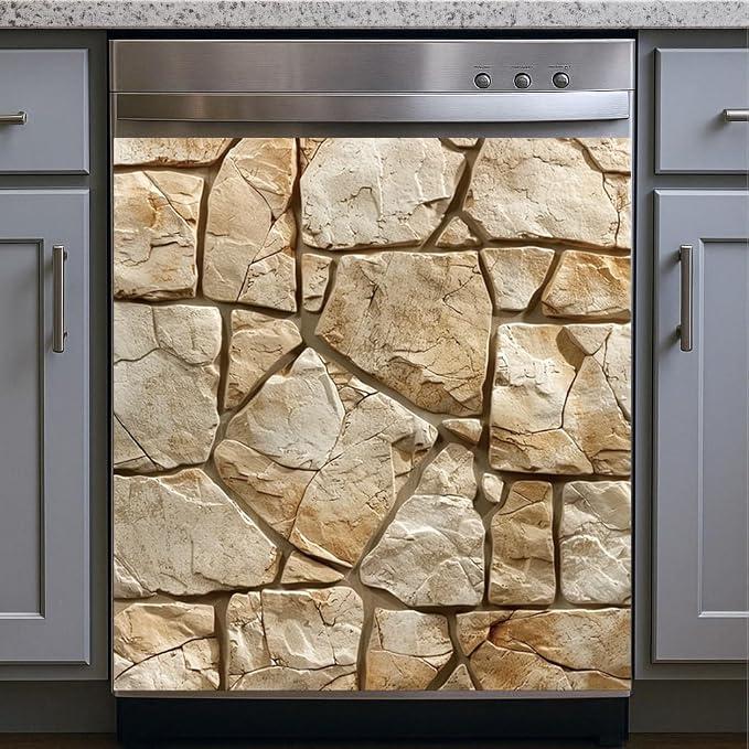 2D Flat Stone Texture Dishwasher Magnet Cover 23x26 Inch Decorative Magnetic Dishwasher Panel Neutral Rustic Fridge Cover Sticker Removable Kitchen Appliance Magnet