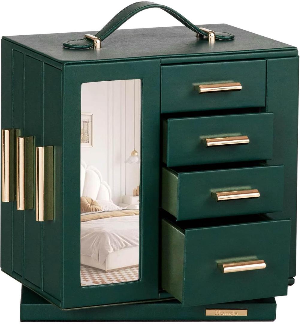 Homde Jewelry Box for Women Large: Rotating Organizer for Ring Earring Necklace Bracelet - 7 Drawers Storage for Dresser (Forest Green), 5.9"D x 5.9"W x 9.25"H