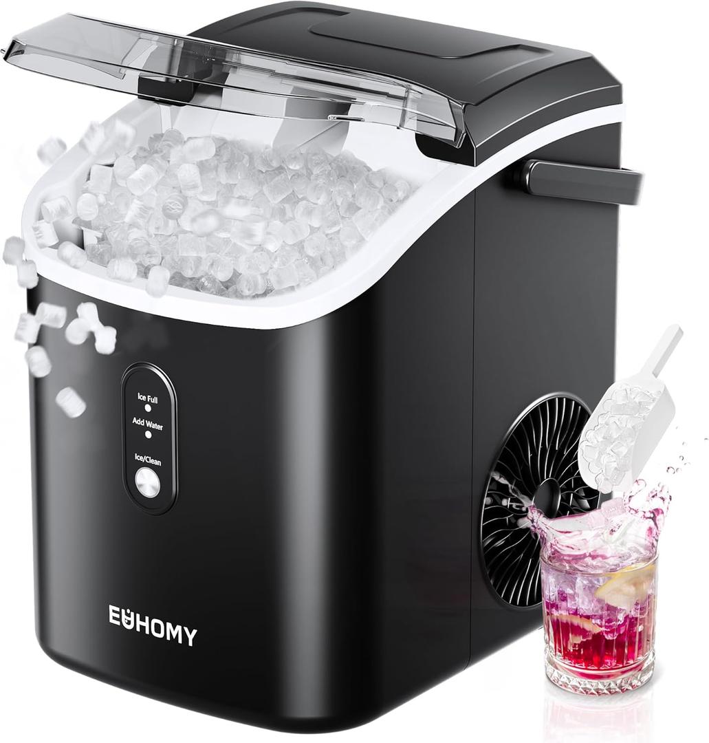 EUHOMY Nugget Ice Maker Countertop with Handle, Ready in 6 Mins, 34lbs Per Day, Removable Top Cover, Auto-Cleaning, Portable Sonic Ice Maker with Basket and Scoop, for Home/Party/RV/Camping (Black) (Black)