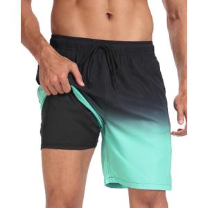 Mens Swim Trunks with Compression Liner 2 in 1 Quick Dry Swimming Shorts Swimwear Bathing Suits with Pockets (Blue, L)