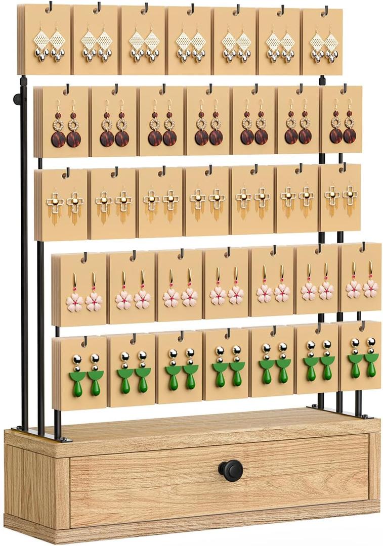 ORLESS 5-Tier Jewelry Display for Vendors, Earring Holder Organizer with Storage Drawer Box, Necklace Display Holder for Selling, Earring Cards Organizer for Bracelets, Rings, Natural Wood(35 Hooks)