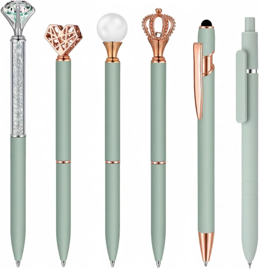 Qeeenar 6 Pcs Ballpoint Pens Set Metal Crystal Diamond Pen for Journaling Glitter Pretty Black Ink Fancy Gifts Cute Stationery for Women Girls Teacher Office Wedding School Supplie (Sage Green)