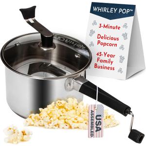 Original Whirley Pop Popcorn Machine 3-Minute Stovetop Popcorn Maker, Home Movie Night, Game Night Snacks Stainless Steel Popper with Metal Gears Wabash Valley Farms (Premium Series)