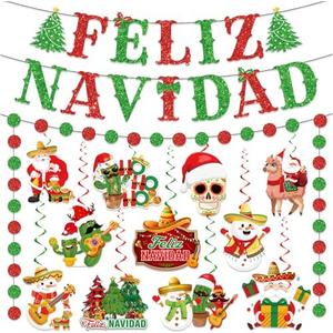 Feliz Navidad Decorations, Mexican Christmas Decorations includes Feliz Navidad Banner and Xmas Decorations Hanging Swirls, Spanish Xmas Mexican Decoration Pack of 2