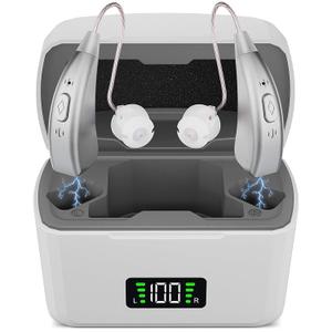 Hearing Aids for Seniors Rechargeable  Digital Behind-The-Ear Hearing Amplifiers with AI Noise Reduction, 3 Sound Modes, 5 Volume Levels, Charging Case Included (Silver)