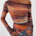 PRETTYGARDEN Womens Fall Trendy Off Shoulder Y2k Tops 2026 Tie Dye Mesh Long Sleeve Shirts Asymmetrical Ruched Floral Blouse, XL