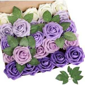 AmyHomie Artificial Flower Seriesc Purple Rose 25pcs Real Looking Fake Roses w/Stem for DIY Wedding Bouquets Centerpieces Arrangements Party Baby Shower Valentines Day Christmas Tree Decorations