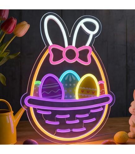 RumonZS 16 In Easter Egg Basket Neon Sign with Bunny Dimmable Bow Egg Basket Led Sign Neon for Wall Decor for Window Party Gifts Bedroom Holiday Spring Bar Home Business Holiday