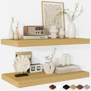 Fun Memories Floating Shelves - 2 Pack 12 Inch Deep Rustic Wooden Wall Shelves - Extra Deeper & Thicker Wall Mounted Storage Shelf for Living Room, Kitchen, Farmhouse - 24" W x 12" D x 1.5" H - Oak