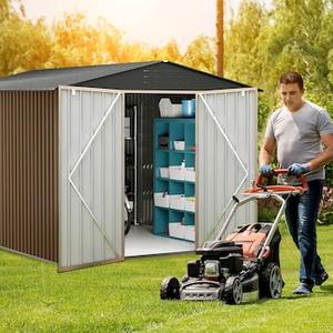 Qeetex 8x8FT Metal Outdoor Storage Sheds Waterproof Garden Shed with Lockable Doors for Backyard Bike Equipment Courtyard Patio Tool Outdoor Storage Brown