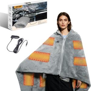 12 Volt Car Heated Blanket, 2-in-1 Wearable Car Blanket 59"X39" with 3 Heating Levels with Zipper for Car/Truck/SUV/RV, Camping & Travel Car Electric Blanket, Machine Washable, Grey