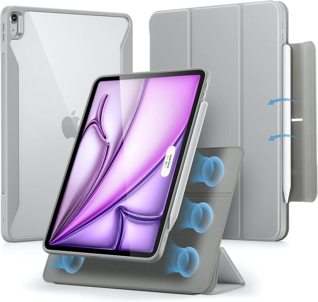 ESR for iPad Air 13 Inch Case (2025/2024) M3/M2 with Pencil Holder, Removable Magnetic Cover, Vertical Stand, Fully Supports Pencil Pro and Pencil(USB-C), Rebound 360 Series, Grey