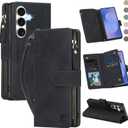 for Samsung Galaxy S25-FE-Wallet Case: with RFID Blocking Card Slots (6 Cards) | Soft PU Leather Magnetic Snap Zipper Pocket | Crossbody Wrist Strap Protective Phone Cover - Black