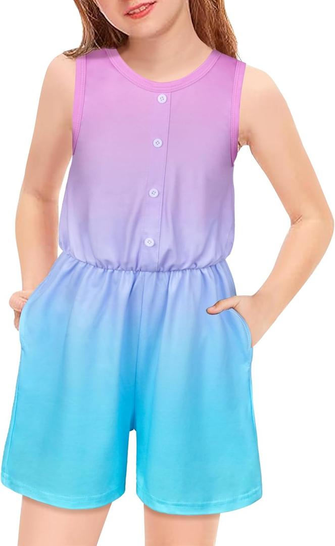 Girls Sleeveless Romper Jumpsuits Summer Crew Neck Short Romper with Pockets One Piece Clothes for Girl 7-12 Years (9-10 Years, Pink-blue)