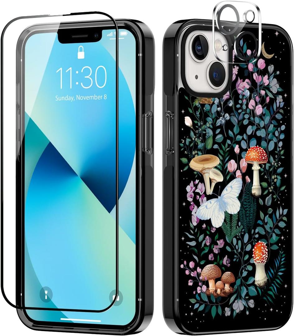 Designed for iPhone 13 Case Cute Floral Garden Mushroom Protective Phone Case Cover 6.1" Screen Protector + Camera Lens Protector【2X Military Grade Drop Tested / 6.6ft Drop Protection】