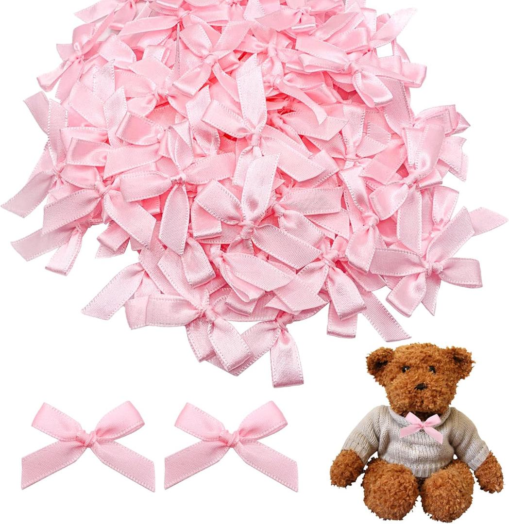100PCS Premade Mini Bows DIY Satin Fabric Ribbon Twist Tie Bows for Cake Treat Bags Gift Wrapping Decor (Pink)