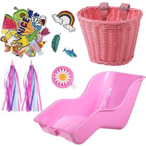 Doll Bike Seat with 28 Pcs Stickers Decals Bicycle Basket for Kids Handlebar Streamers Colorful Ribbons Tassel Daisy Bike Bell for Girls Boys Bicycle Accessories Christmas Kids Gift (Pink)