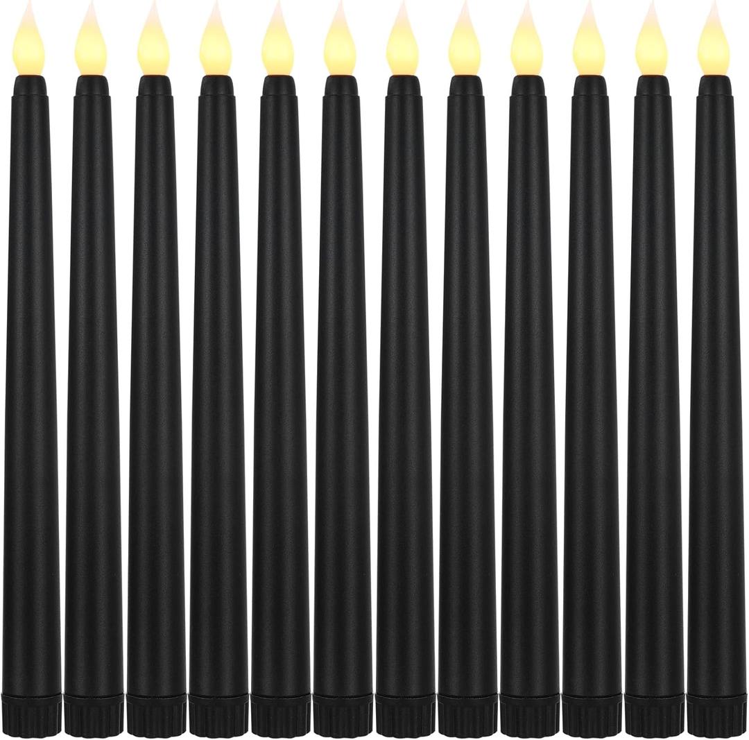 Baquler 12 Pcs 8.5 Inch LED Flameless Taper Candles Bulk Battery Operated Taper Candles Flickering Candlesticks for Wedding Church Holiday Table Decoration (Black)