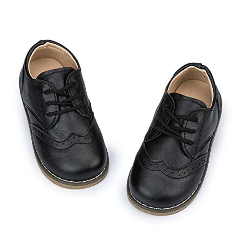 Meckior Toddler Boys Girls Black Dress Shoes Little Kid Oxford Shoes Wedding Church Dress Shoes PU Leather Lace Up School Uniform Loafer Flats.27