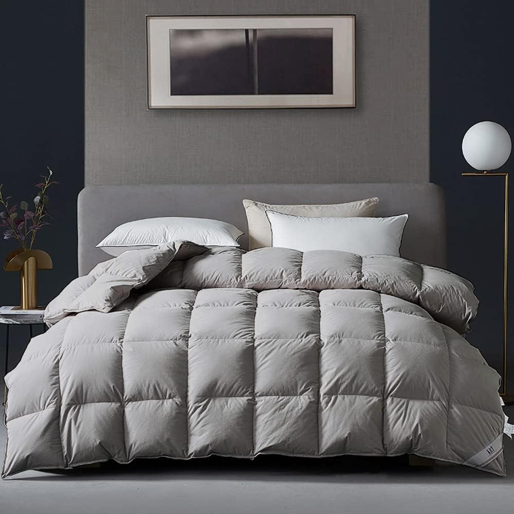 KRT Luxurious Goose Feathers Down Comforter - Grey Thickened Heavyweight Warmth Duvet Insert - 100% Cotton Cover with Corner Tabs (King Winter, 106''x90'')