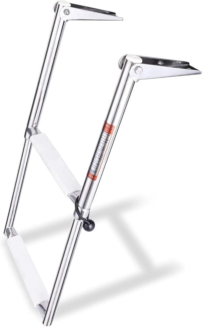 Young Marine 2 Steps Stainless Steel Drop Down Telescopic and Folding Boat Ladder with White Plastic Footboard,Over Platform Mounting