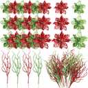 Yinder 48 Pcs Valentine's Day Glitter Poinsettia Artificial Flower with Twigs Christmas Tree Decorations Set for Wreath Table Centerpiece Xmas Wedding Holiday Party Decorations(Green and Red)