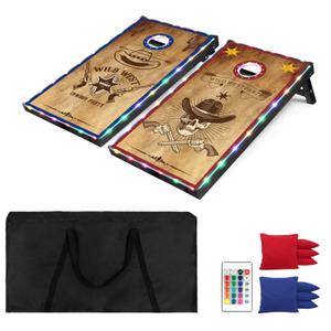 LED Cornhole Board Set, 4'x2' Cornhole Boards Game Set, Corn Hole Outdoor Game, Western Theme with Light-Up Border, 8 Bean Bags, Remote Control, Carrying Case for Backyard, Beach, Lawn
