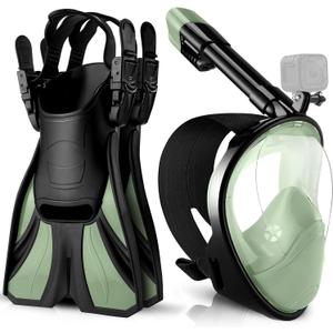 Odoland Snorkeling Packages, Full Face Snorkel Mask for Adults & Youth with Camera Mount, Adjustable Swim Fins, Anti-Fog Anti-Leak Diving Gear for Men Women Teens