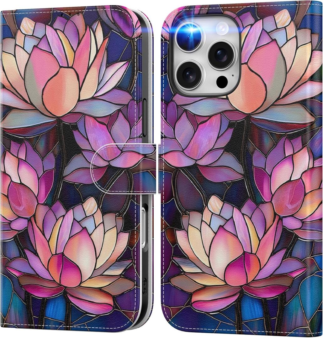 DEENAKIN for iPhone 16 Pro Max Wallet Case with Card Holder + Cash Clip, RFID-Blocking, Military-Grade Drop Protection & UV-Printed Artwork, Magnetic Closure with Leather Kickstand - Blooming Lotus