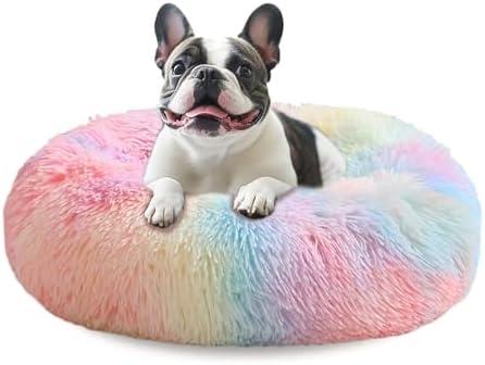 JOLLYVOGUE Calming Dog Bed Medium Size Dog, 31in Donut Washable Medium Pet Bed, Anti-Slip & Anti-Anxiety Fluffy Faux Fur Round Dogs Bed, Fits up to 45 lbs Pets (Rainbow)