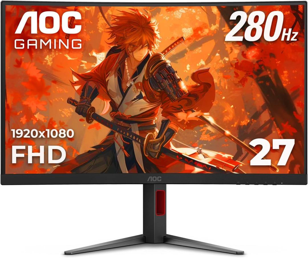 AOC C27G4ZH 27" Curved Frameless Ultra-Fast Gaming Monitor, FHD 1080p, 0.3ms HDMI 240Hz/DP 280Hz, 1500R, AMD FreeSync, HDR, Height Adjustable