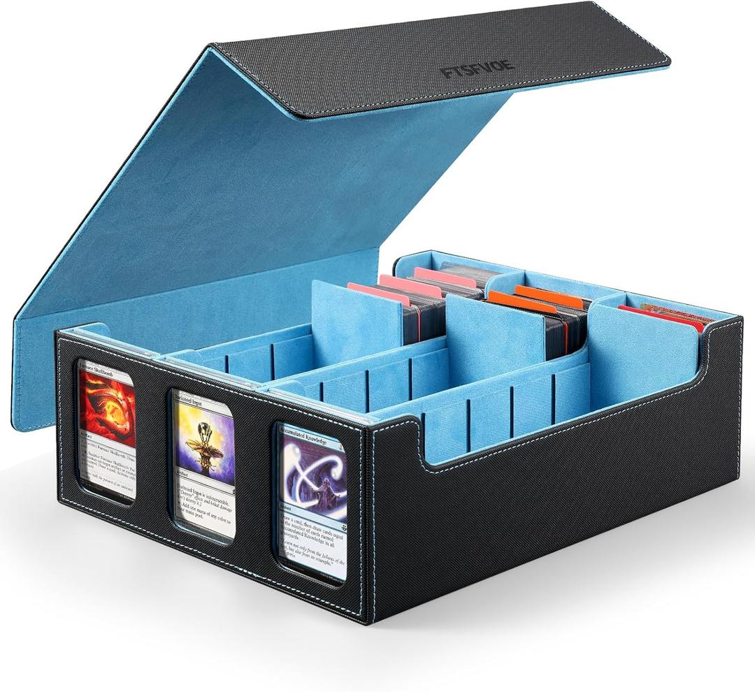 Trading Card Storage Box for Commander - 2400+ Card Deck Box with Removable Cover, 24 Colorful Divider Tabs, Card Storage Box with Viewing Windows Fits for Magic Game (Black&Wathet)