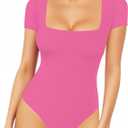 MANGOPOP Women's Square Neck Short Sleeve Long Sleeve Bodysuit Sexy Body Suits Shirt Slim Fitted Tops, XX-Large