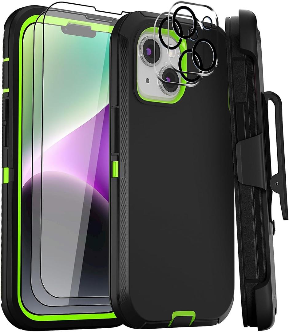 for iPhone 15 Plus Case and iPhone 14 Plus Case 6.7" Belt Clip Holster with 2 Screen Protector + 2 Camera Lens Protector, Heavy Duty Military Grade Phone Case Cover (Black Green+Clip)