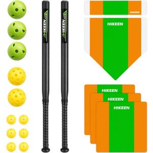 Hikeen 18 Pcs Baseball Bat Set,Include 2 Plastic Bat & 11 Practice Balls, 5 Throw Downs Base for Baseball Batting Practice Youth, Teenagers, Adults