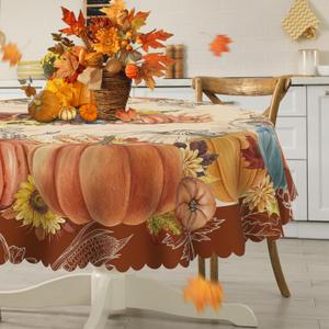 Thanksgiving Round Tablecloth 70 inches - Thanksgiving Decorations for Home - Water Resistant Pumpkins Table Cloth Fall Decor for Home, Table, Party