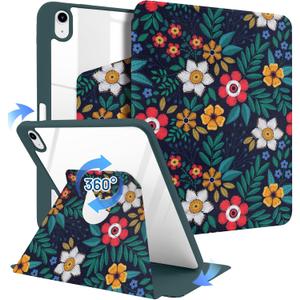 MrARTIST for iPad A16/10th Generation Case - Tablet Case Cute for Women Girls Girly Kawaii Aesthetic Preppy Kawaii Chic Design for Apple Rotating Cover for A16/10th Gen with Pencil Holder, Floral